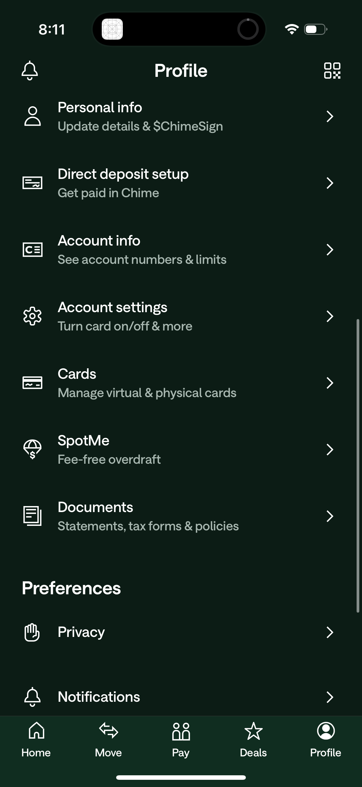 chime settings screenshot